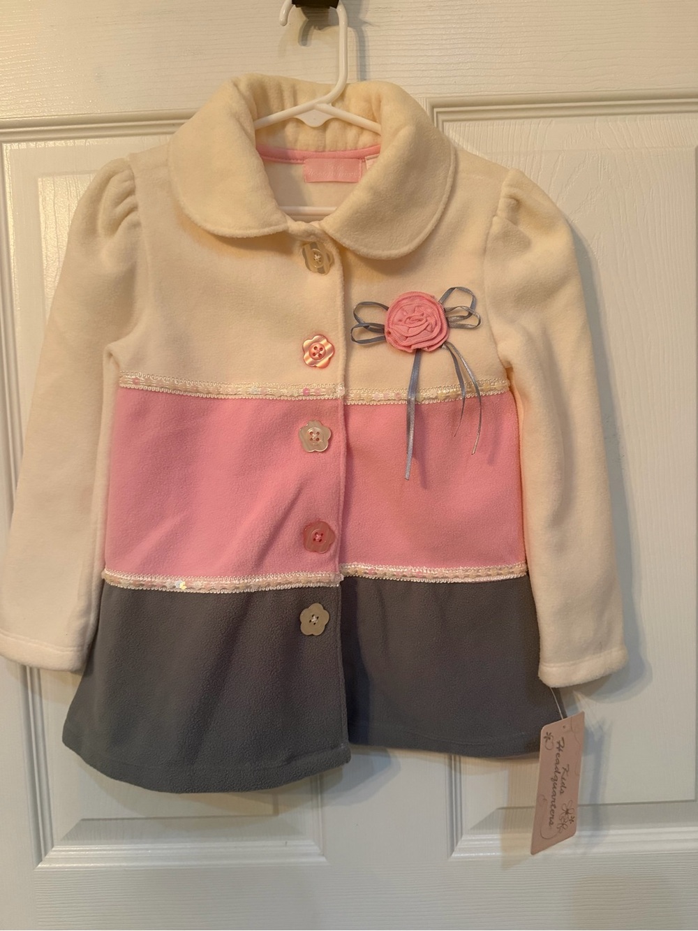 Kids Headquarters Cream, Pink & Gray Colorblock Fleece Pea Coat with Rosette